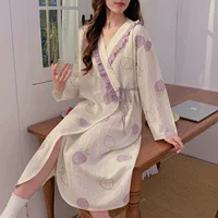 Купальный халат-кимоно из крепа, ночная рубашка, женская летняя и осенняя ночная рубашка с длинными рукавами, симпатичная Пижама средней длины с клубничным потом