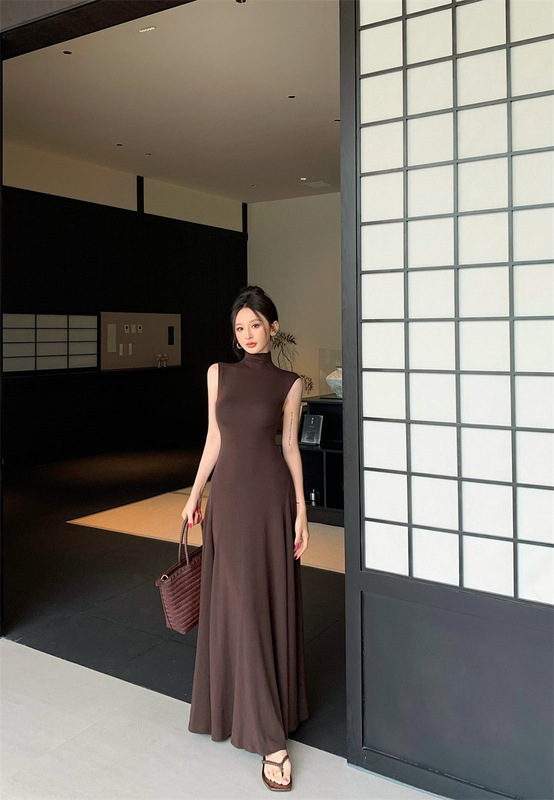 女装夏高级感法式气质半高领无袖背心连衣裙修身辣妹气质大摆长裙|undefined
