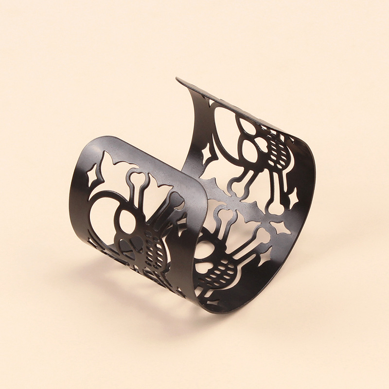 Bracelet en métal personnalisé avec tête de mort, bracelet large à manchette noire rétro punk pour Halloween_voghion.com