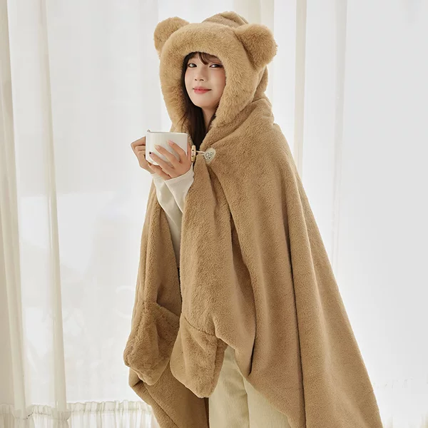 Autumn and Winter Bear Shawl Lunch Break Blanket Wearable Hooded Poncho Blanket Double-Layer Thickened Coverable Air Conditioning Blanket