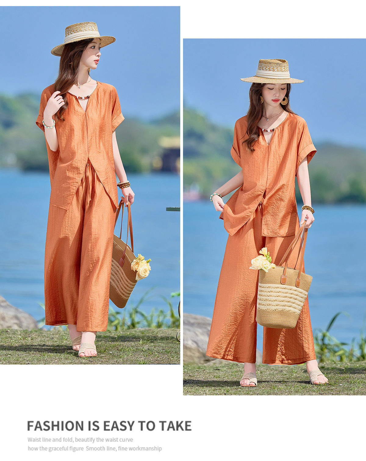 Bộ quần áo nữ hai mảnh gồm áo thun cổ V rộng và quần dài ống rộng phong cách tối giản — Cam đỏ, Màu cà phê nhạt, màu trắng ngà chi tiết 15