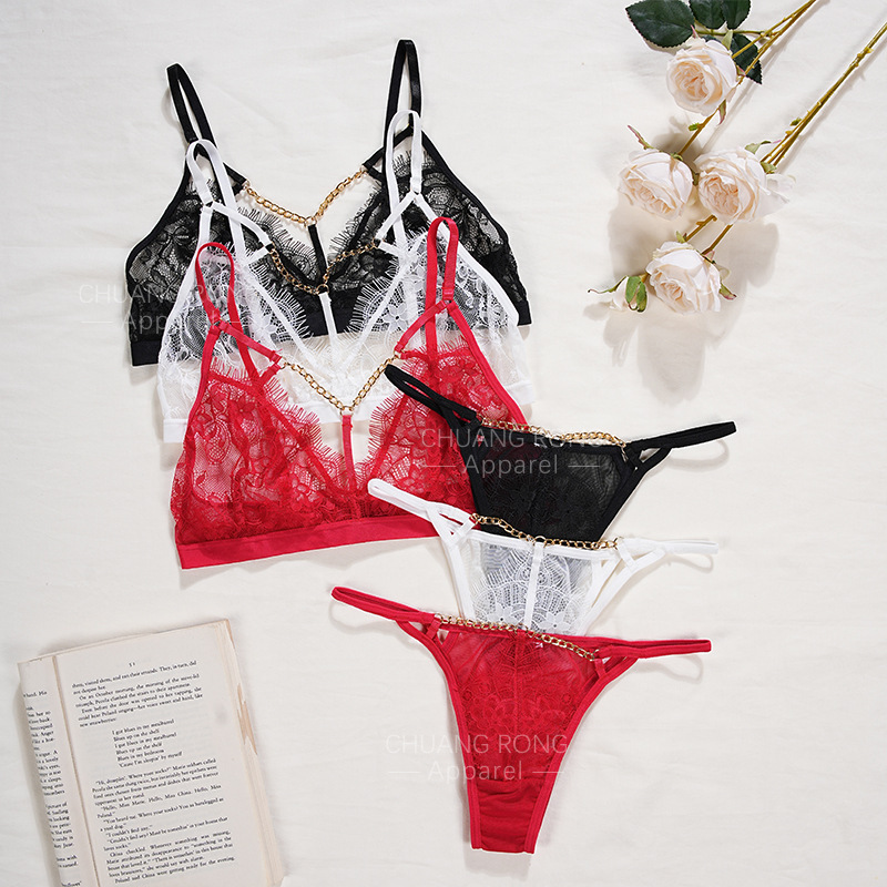 French Lace Thin Underwear Panties suit Sexy No Rings See-through plus size Metal Chain Women Bra suit