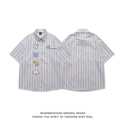 Fun cartoon dog embroidery short-sleeve shirt for men, summer couple loose lazy style casual striped shirt outerwear
