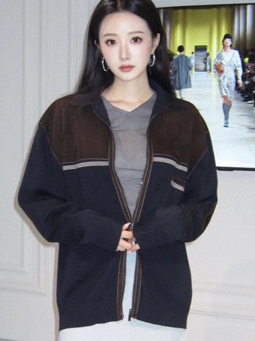 个性时尚纯羊毛针织撞色拼接真皮绒面皮拉链上衣女秋季新款麂皮绒|undefined