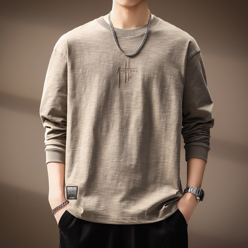 High-End Bamboo Cotton Simple Embroidered Long-Sleeved T-Shirt for Men 2025 Autum New Loose Japanese Style Retro Trendyy Top High-End Bamboo Cotton Simple Embroidered Long-Sleeved T-Shirt for Men 2025 Autum New Loose Japanese Style Retro Trendyy Top