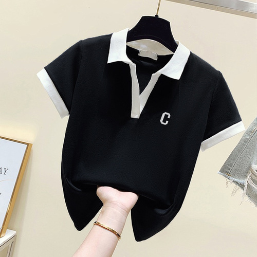 Plus-size women's polo shirts with straight shoulders, short-sleeve T-shirts for the 2025 summer, for micro-fat mm to cover the stomach and look slimmer, V-neck tops