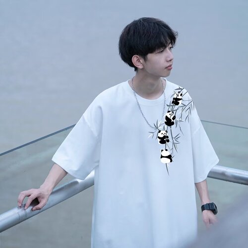 New short-sleeved men's ins fashion brand European and American hip-hop style round collar base shirt top summer creative panda print t-shirt