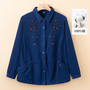 Middle-Aged and Elderly Women's Pure Cotton Shirts, Mother's Cotton Tops, Grandma's Spring and Autum Large Size Long-Sleeved Embroidered Clothes