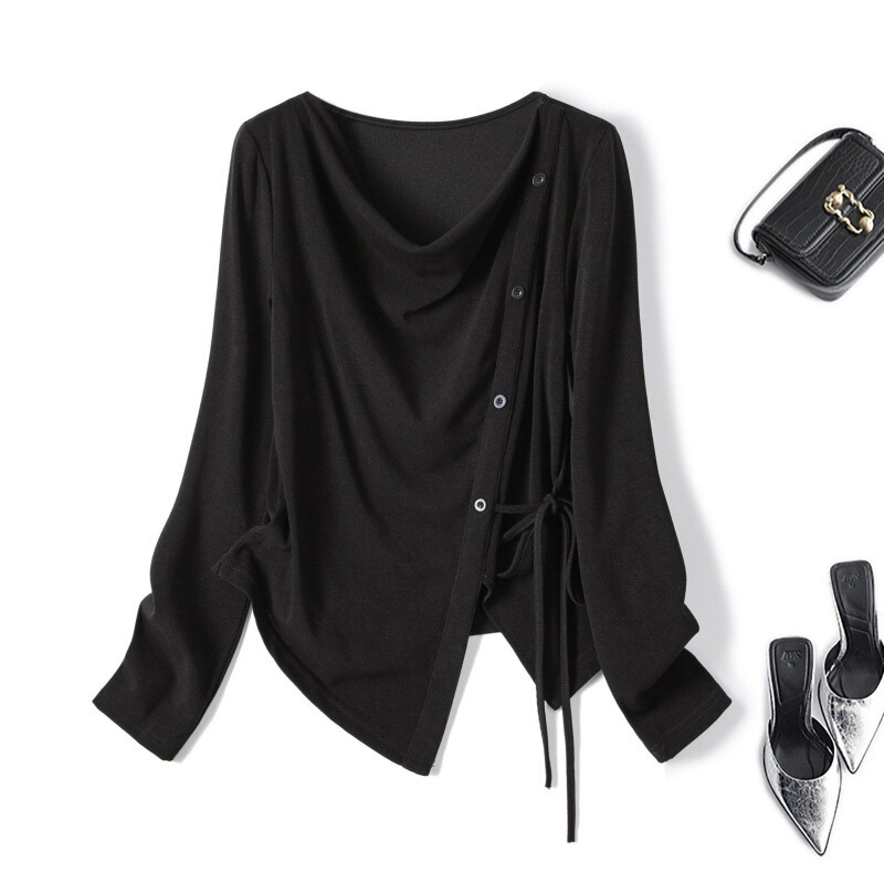 【Derong 1×1】Plus-Size Women's Fashion Irregular Swing Collar T-Shirt French Style Tie Top