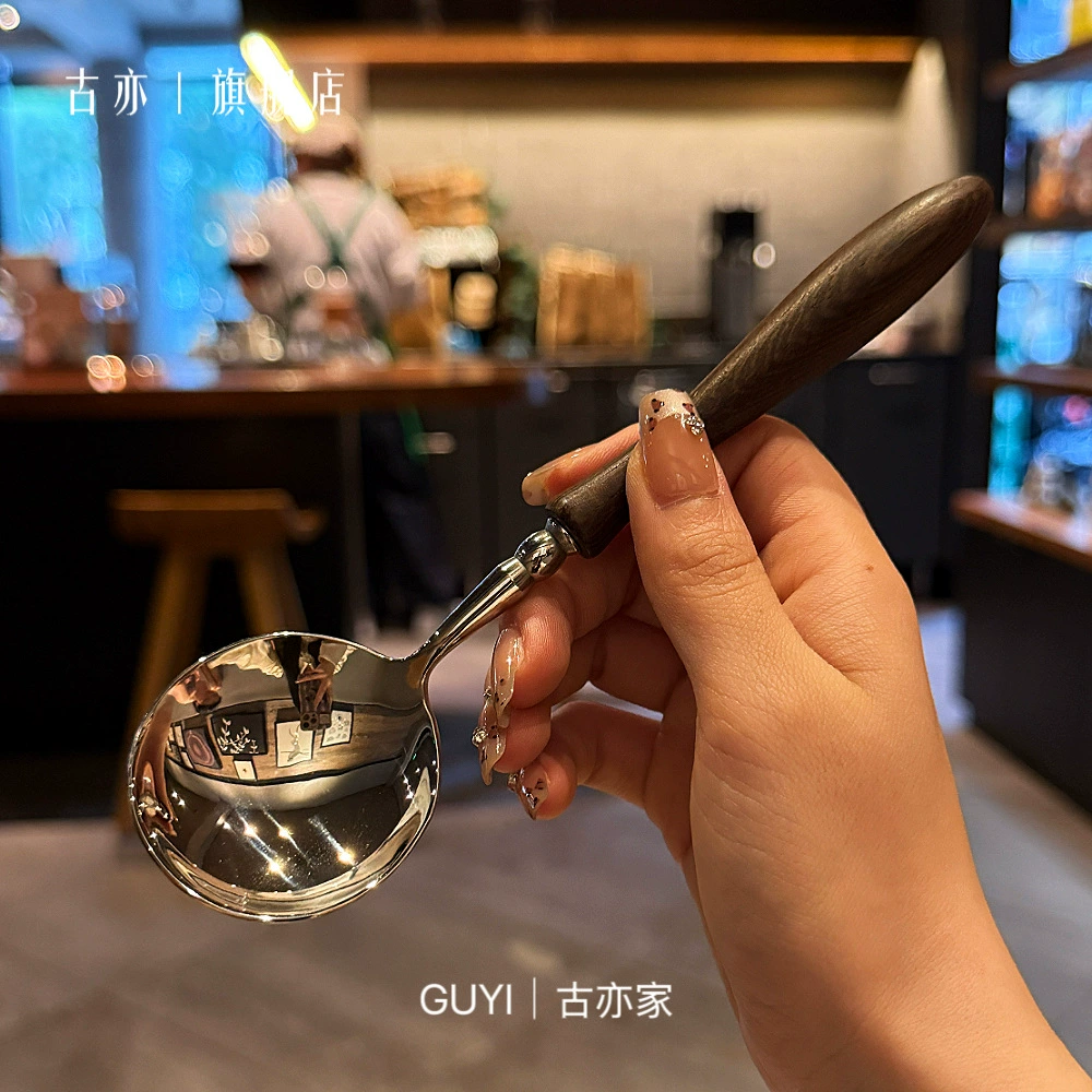 [Ложка для сухого риса с круглой головкой] Деревянная ручка из куриных крыльев! Ложка для супа из нержавеющей стали марки 304 для основного приема пищи