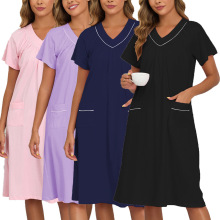 跨境夏季新款睡裙带一体式V领短袖宽松女士大码睡衣女外穿睡裙家