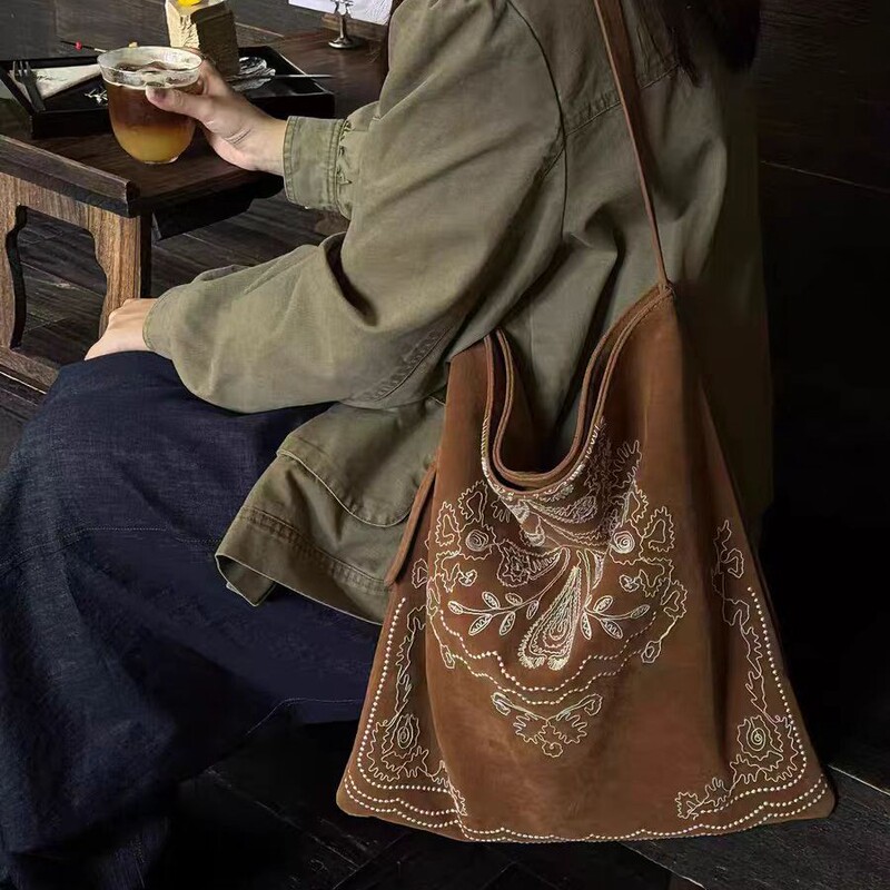 Baixue Recommends [Western Exotic] Environmentally Friendly Suede Crochet Tote Bag Embroidered Ethnic Style Shopping Bag 5