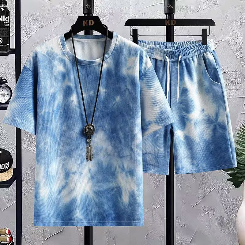 Cross-border Summer New Short-sleeved suit Men's Tie-dye Gradual Color Round Neck Loose Casual T-shirt Shorts Trendy Set