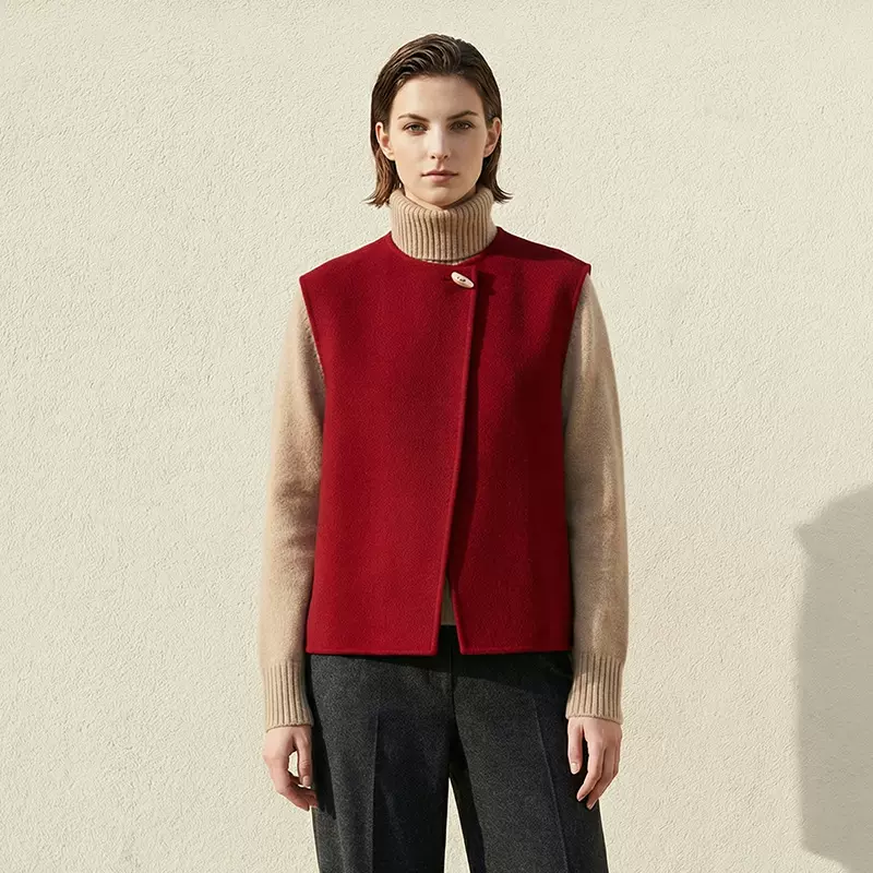 复古波尔多红双面呢马甲女秋冬宽松显瘦气质通勤羊毛呢坎肩