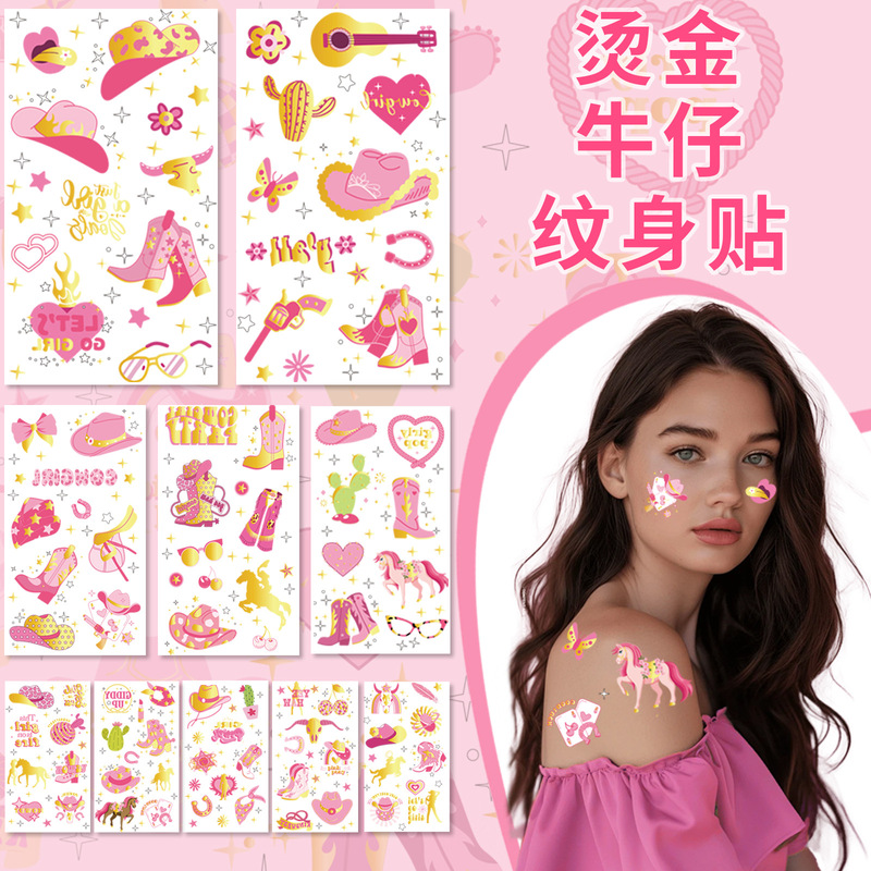 Cross-border New Pink Western Denim Bronzing Tattoo Sticker Cartoon Cowboy Bachelorette Party Temporary Tattoo Sticker