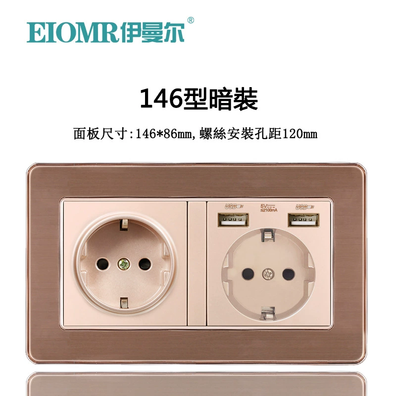 Dual European socket panel 16A, dual USB charging, multiple finishes (German/French, glass/metal)