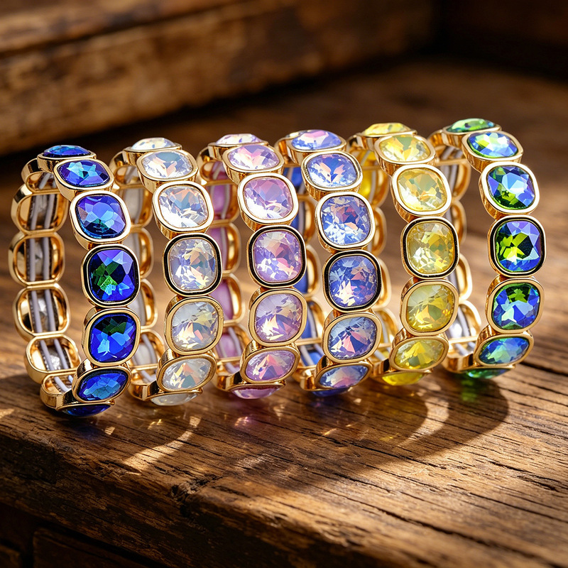 Cross-Border European and American Fashion Square Crystal Bracelet, Colorful Full Diamond Elastic Bracelet, Bridal Wedding Party Jewelry Cross-Border European and American Fashion Square Crystal Bracelet, Colorful Full Diamond Elastic Bracelet, Bridal Wedding Party Jewelry