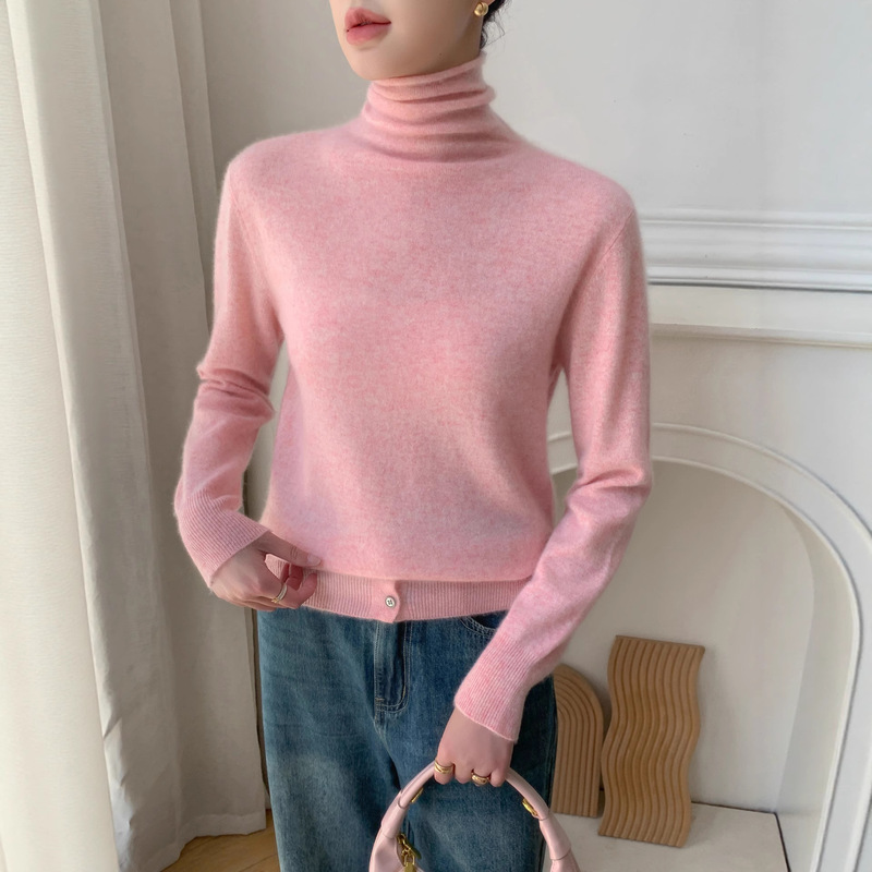 Women's Cashmere Sweater with Rolled Edges, Pullover Style, Long Sleeves, Solid Color, Warm Top for Autumn and Winter, New Model with Split Hem and Stacked Collar