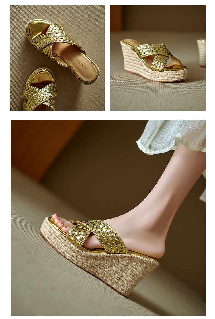 Dép sandal nữ quai chữ V đế xuồng cao gót 9 cm, mũi hở, chất liệu da thật — màu vàng, bạc chi tiết 14