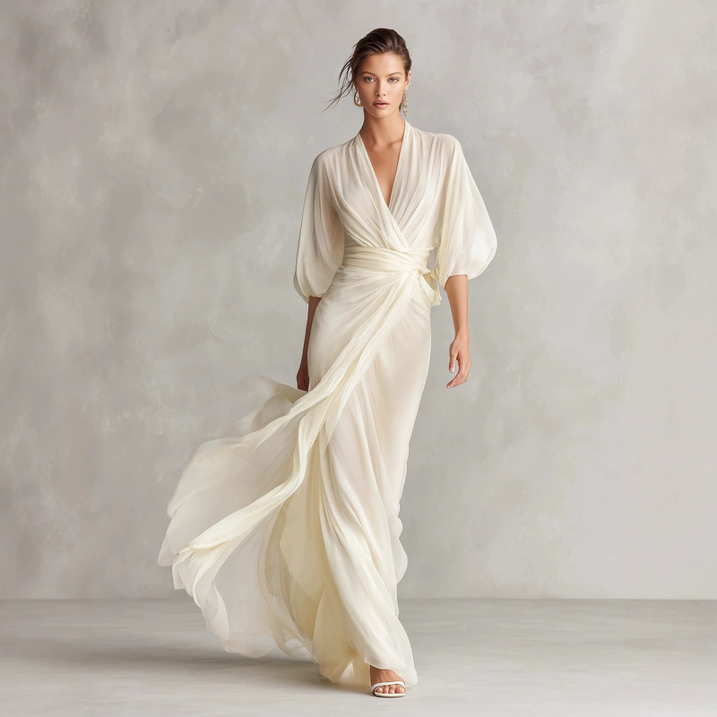European and American cross-border independent site Amazon socialite tulle chiffon puff sleeve wrap design timeless romantic dress