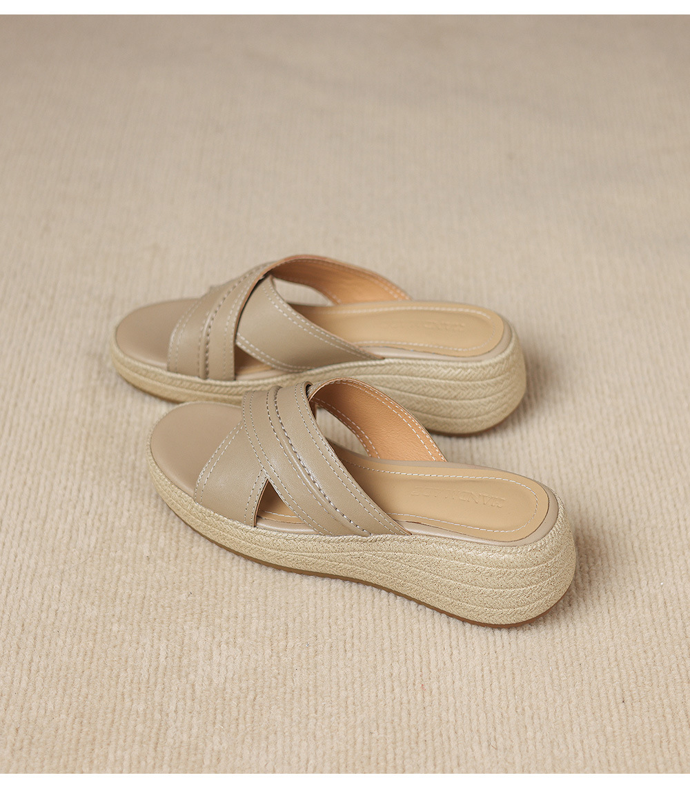 Dép sandal nữ quai chéo hở ngón đế dày da cừu — màu trắng ngà chi tiết 24