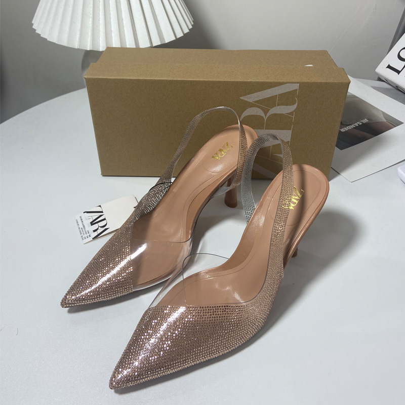 New pointed PVC spliced rhinestone embellished high-heeled shoes with shallow mouth and thin heel, with a strap at the back and exposed heel, women's sandals