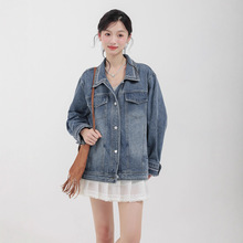 实拍2025秋新款韩版宽松复古港风刺绣牛仔外套女绣花牛仔上衣夹克