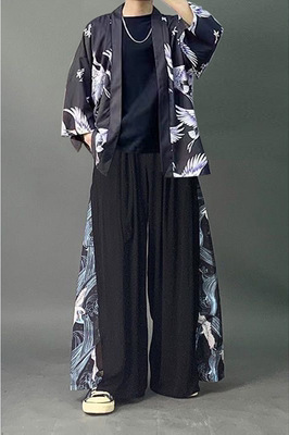 Blue crane black jacket + black t + black pants