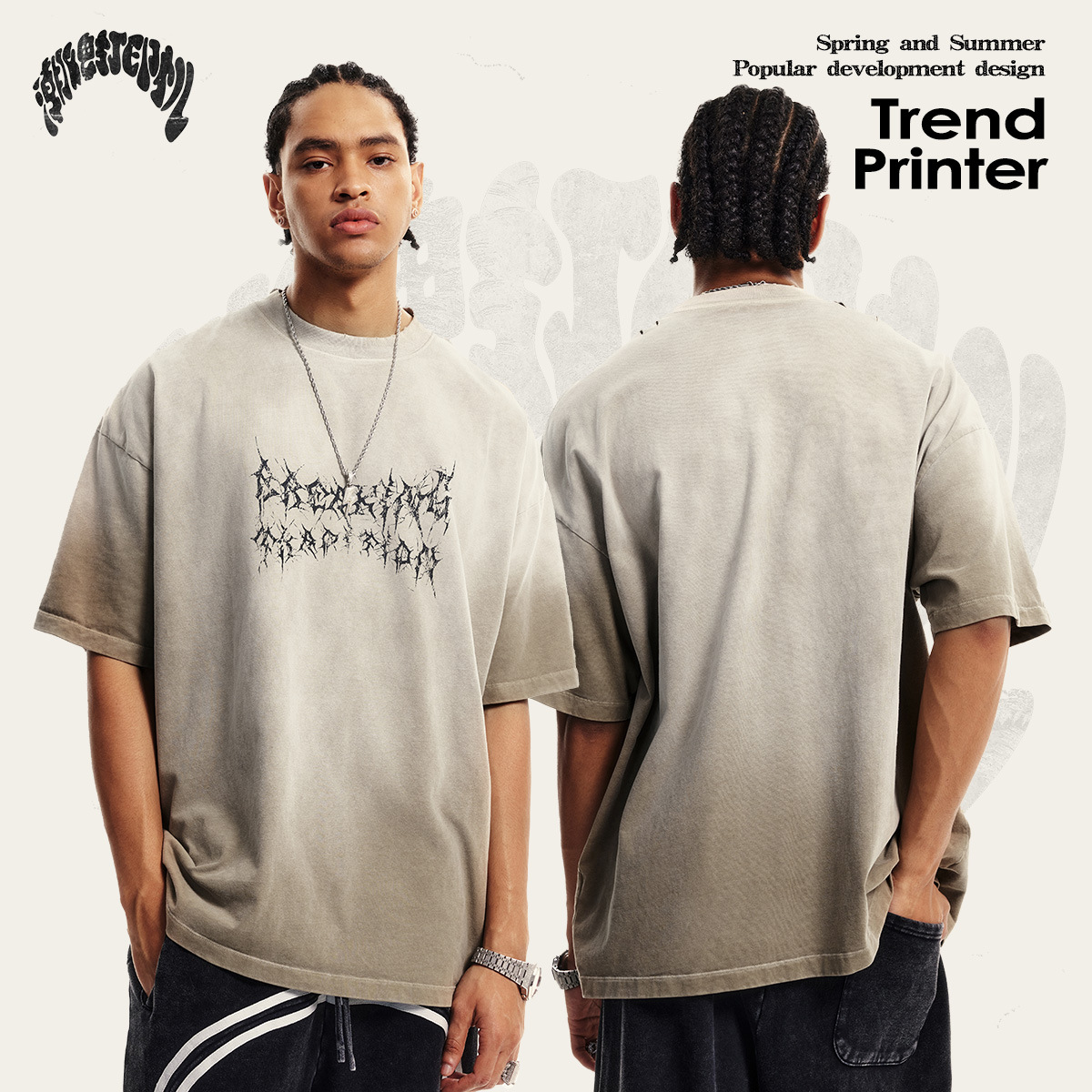 2025 primavera y verano estilo americano de la calle alta marca de moda rrr123 moda camiseta de manga corta tipo de vid gradiente hombre