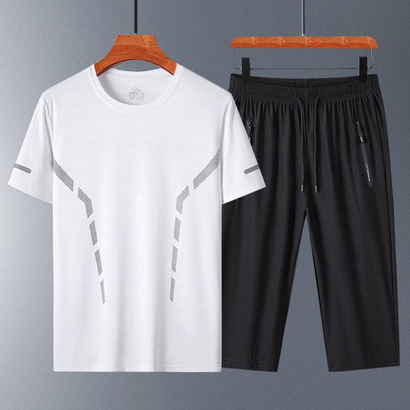 Summer Men's Casual Short-sleeved Sports suit Middle-aged and Elderly Ice Silk Quick-drying T-shirt Capri Pants Two-piece Dad's Suit
