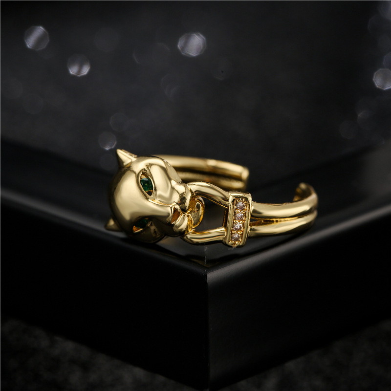 Aogu Cross-Border Supply Copper Plating 18K Gold Open Leopard Shape Ring Female Micro Inlaid Zircon 