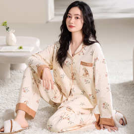 跨境外贸台湾春秋6040棉长袖女生睡衣开衫甜美直播款公主风家现货