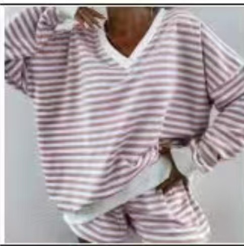 Summer New Women's Casual Striped Long Sleeve V-Neck Loose Top Sports Shorts 2-Piece Set For Women_ecoleips.com