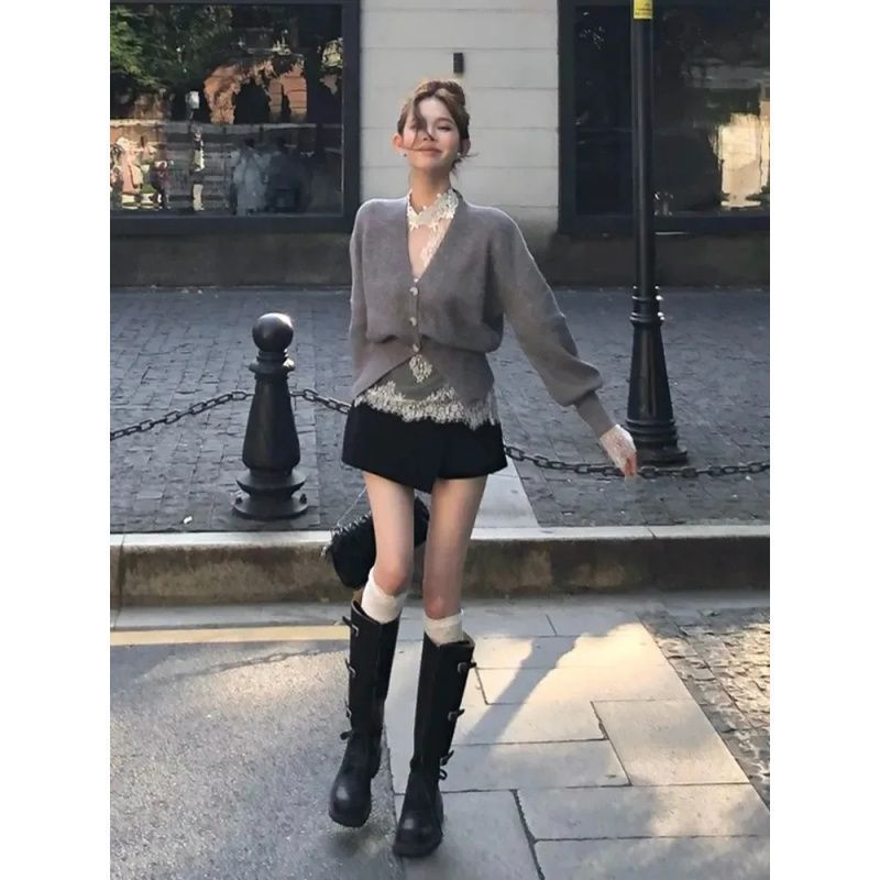 (2개) 가을 겨울 데이트 원피스 니트 카디건 탑 스티칭 레이스베이스 셔츠 디자인 센스 스커트 슈퍼 페어리