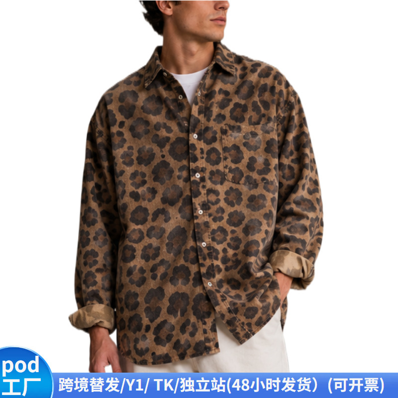 American retro leopard print camouflage full-print long-sleeve shirt for men, spring and autumn niche high street workwear shirt jacket for men