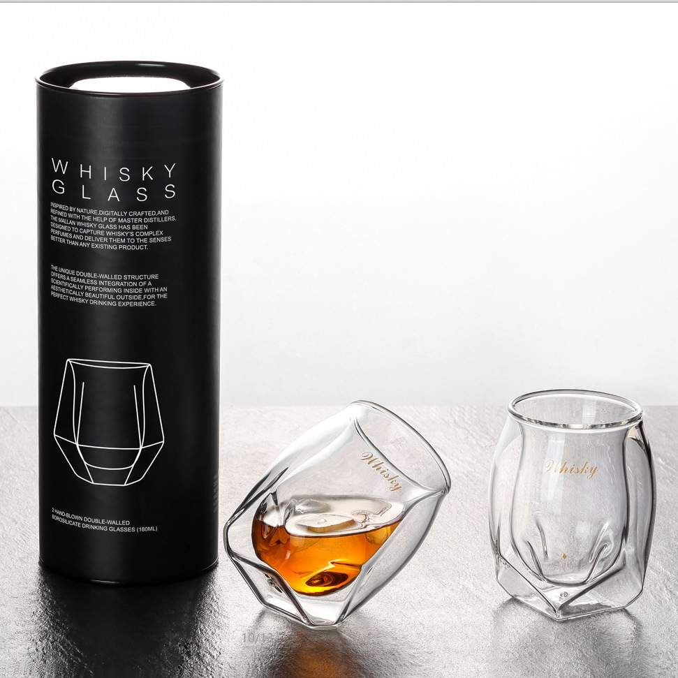 Nuevo estilo whisky copa de vino estilo europeo creativo transfronterizo copa de vino de vidrio doble capa copa de vino casera caja de regalo cilíndrico embalaje
