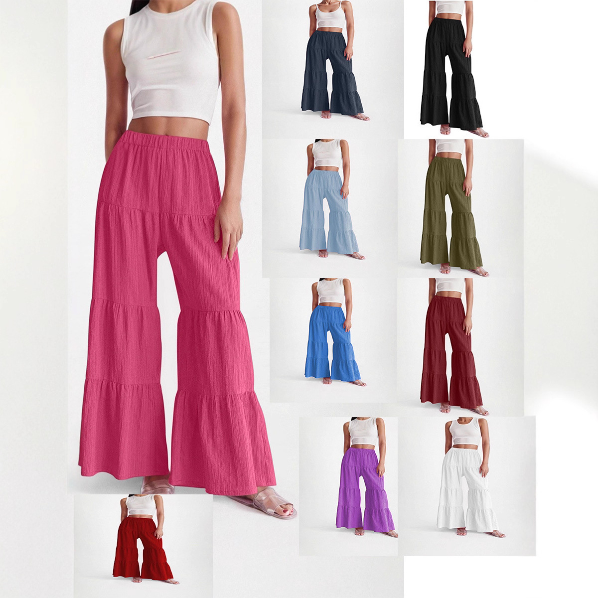 European and American 2025 Cross-Border European and American Pleated Elastic Solid Color Waist Loose Long Pants Commuting Comfortable Wide-Leg Casual Pants Women's Clothing