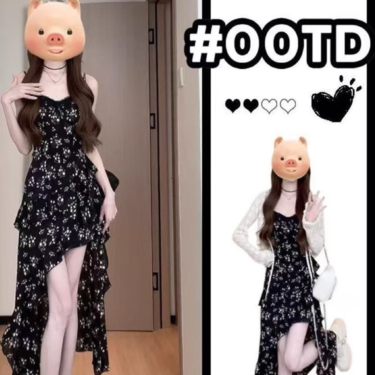 Black Irregular Ruffled Floral Suspender Dress for Women Summer Design Niche Slimming Long Skirt
