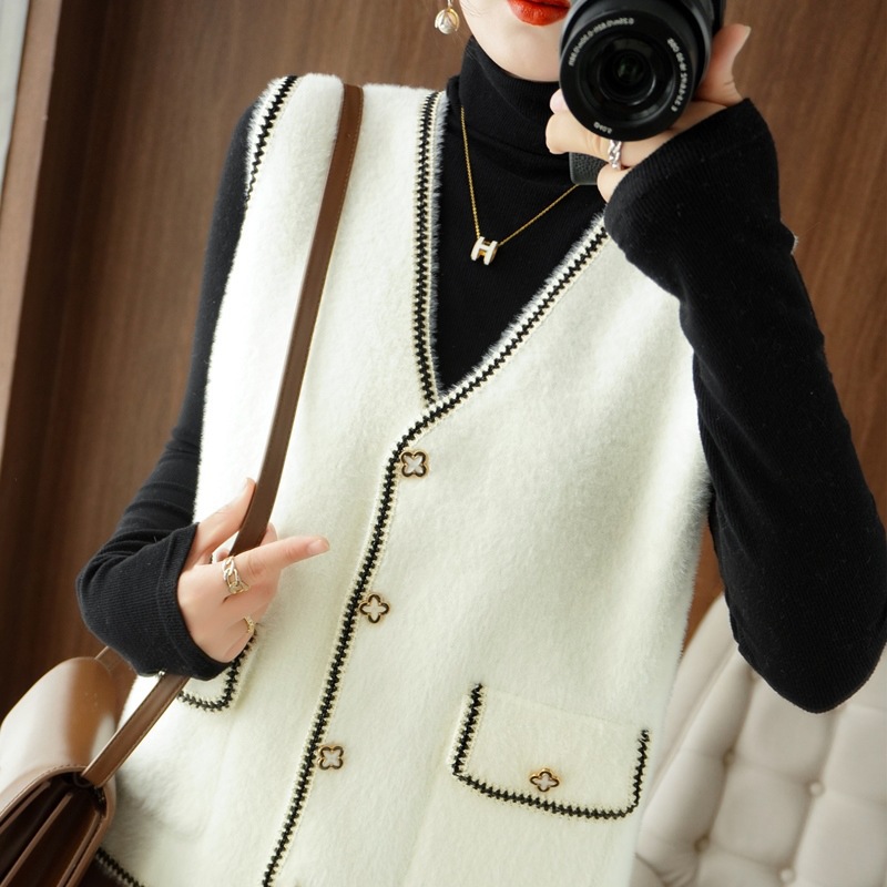 Francés estilo de Chanel imitación de visón de terciopelo desgaste exterior Chaleco de punto para las mujeres otoño e invierno nuevo todo-juego suelta chaleco exterior chaleco