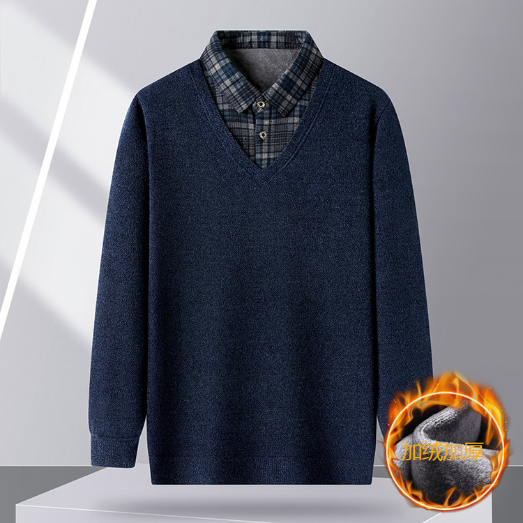 Winter Thickened Men's Faux Two-Piece Sweater with Shirt Collar, Chenille Long-Sleeve Solid Color Warm Sweater for Middle-Aged and Elderly