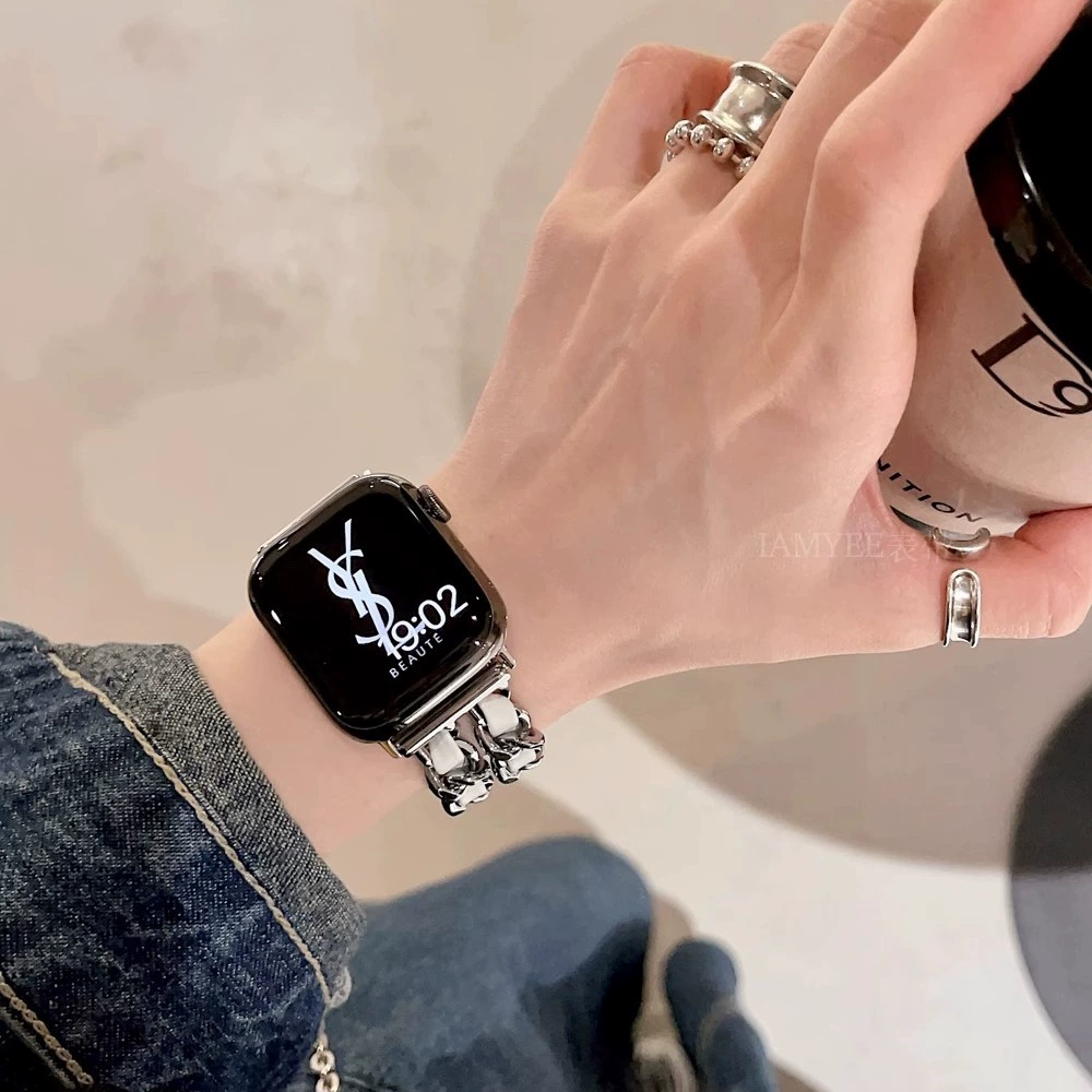 Стильный двурядный браслет из смешанной кожи с цепью для Apple Watch - универсционный металлический дизайн цепи