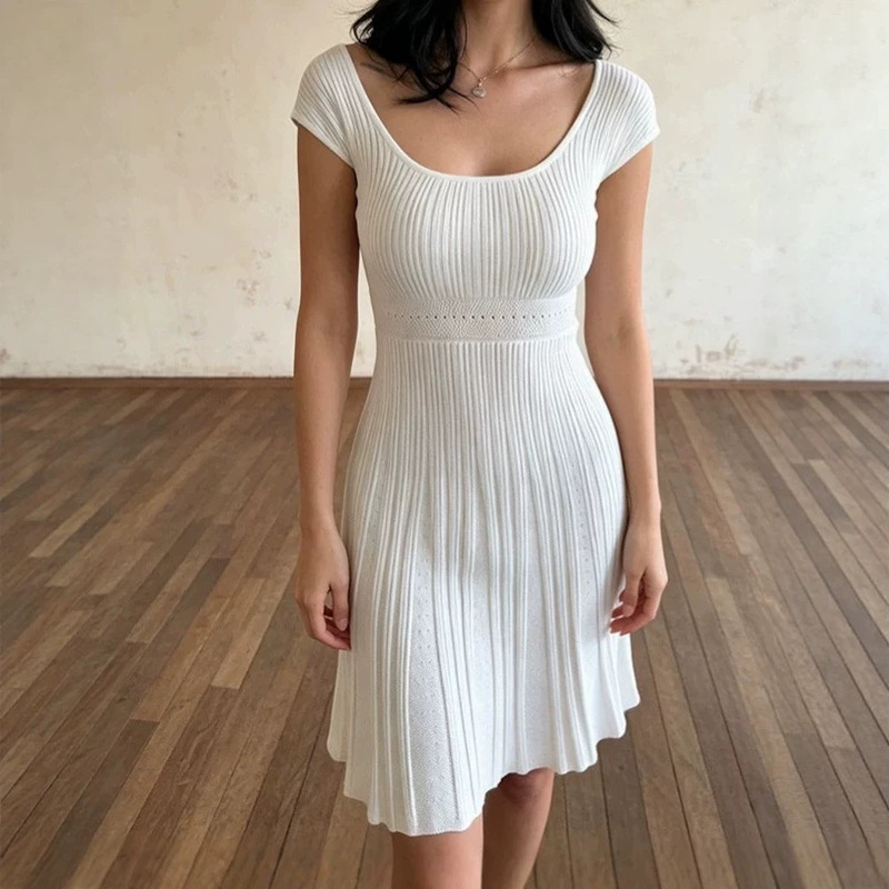 Skinless |   French-Style U-Neck A-Line Mid-Length Dress with High-Elastic Waist and Jacquard Design, Perfect for Dates and Vacations.