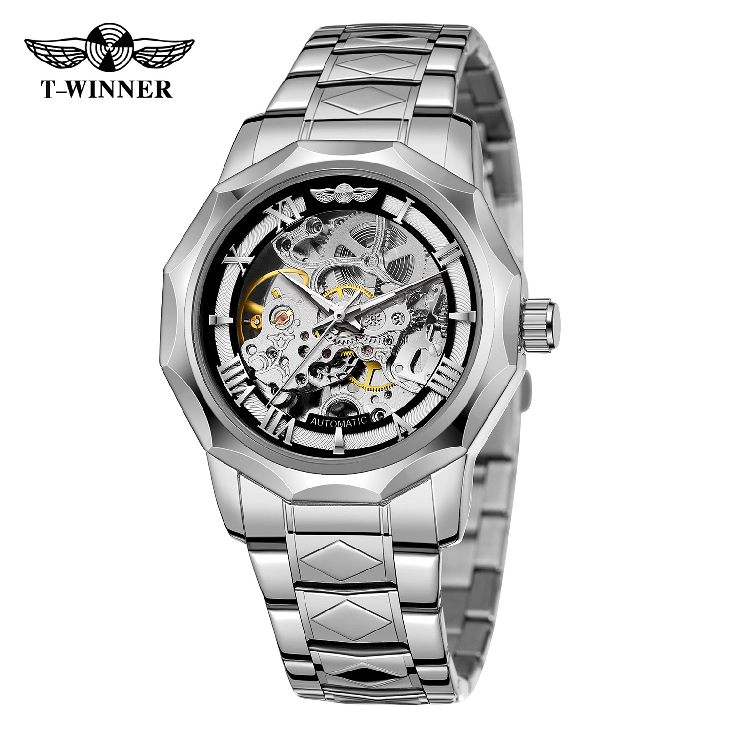 Nuevo ganador de polígono europeo y americano reloj mecánico de los hombres moda casual hueco de fondo transparente reloj automático