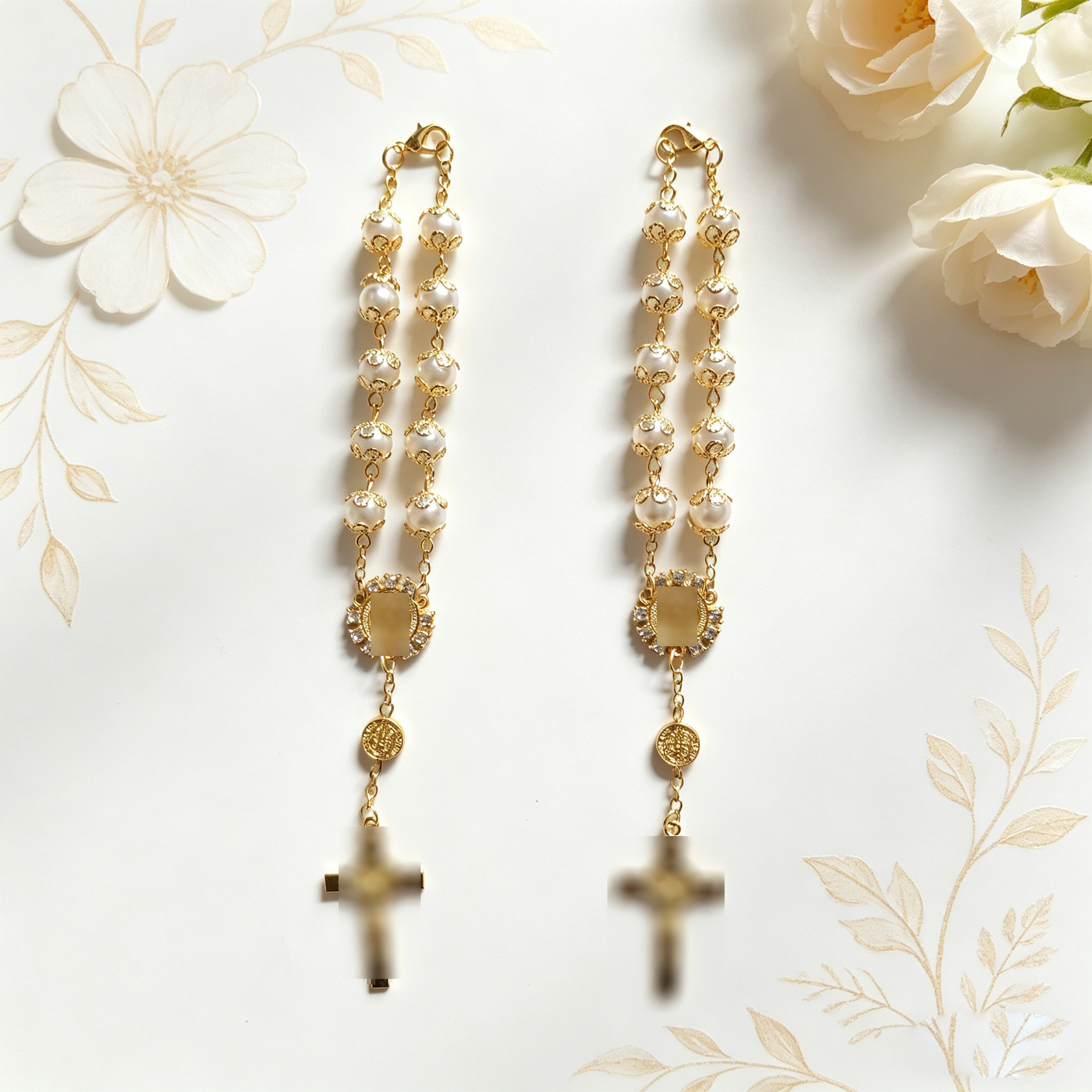Rosary Bracelet, Gold and Silver Lace Glass Imitation Pearl Bracelet, Amazon 8mm Cross Beads