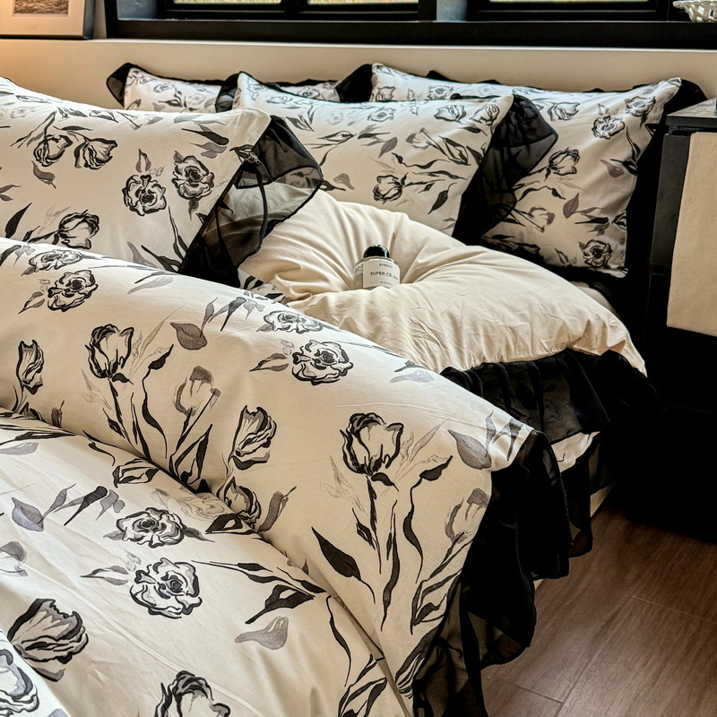 Nordic French Vintage Boho Vintage French Hepburn-style Pure Cotton Four-piece Set, All-cotton Lace Duvet Cover, Bed Fitted Sheet, Three-piece_voghion.com