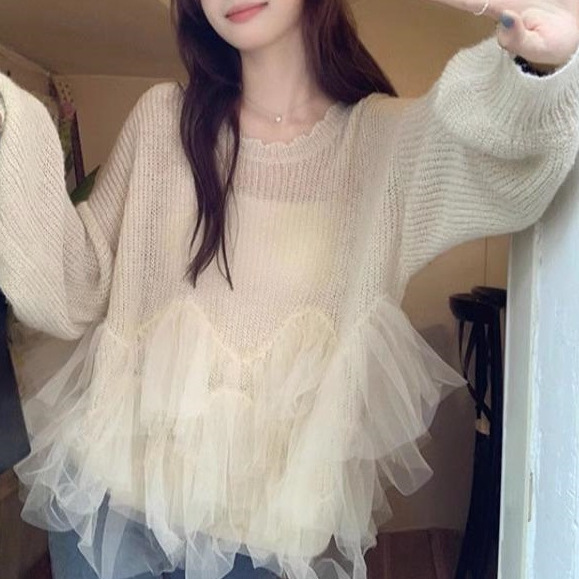 大码300斤胖妹妹网纱拼接毛衣女秋冬新款外穿宽松百搭时尚针织衫|undefined