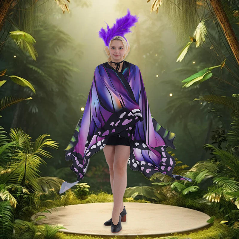 Impresión digital púrpura capa de mariposa shale estilo danza del vientre capas giratorias fuera de plumas conjunto de arnés