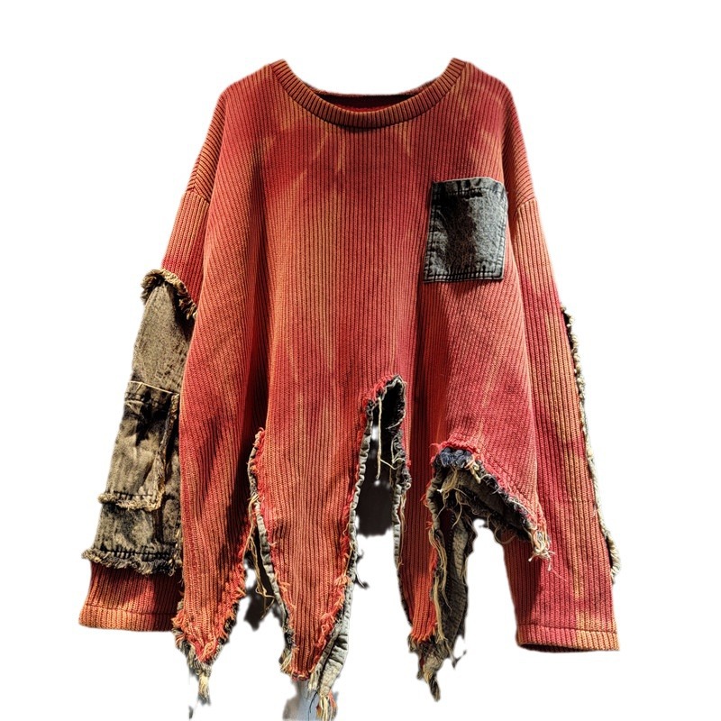 Personalidad de empalme irregular suéter retro hacer viejos atados teñidos de manga larga moda suéter de punto para mujeres otoño invierno