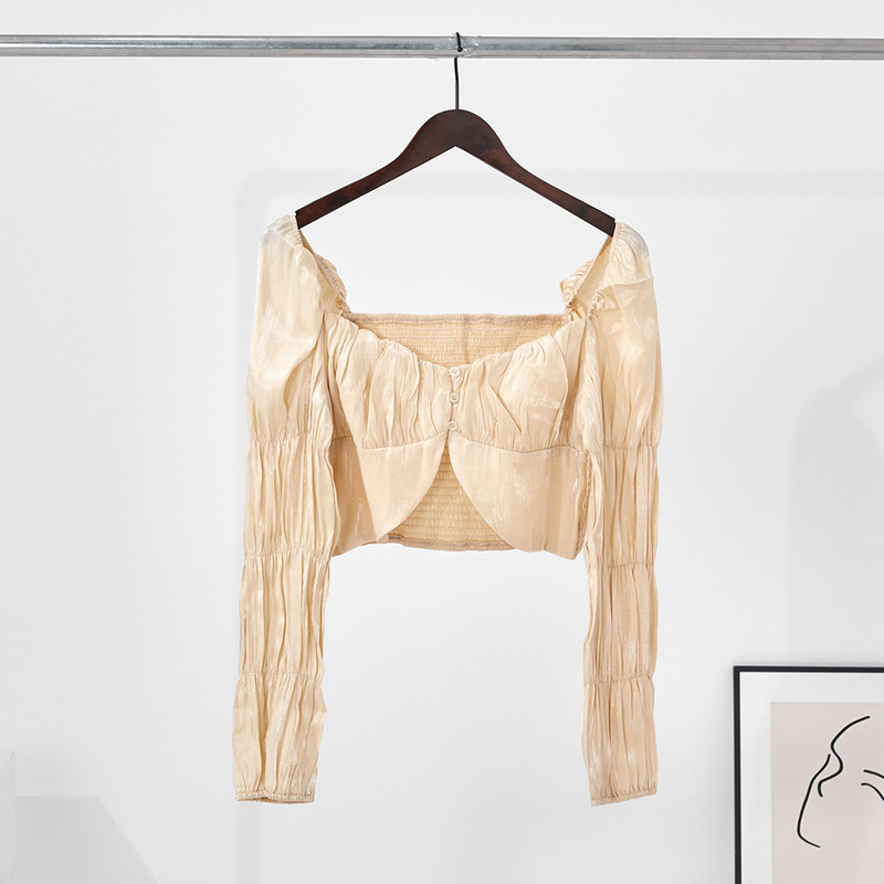 Silver Glitter Cloth Cardigan Lantern Sleeve Long Sleeve T-Shirt Women Sweet Short Top Apricot Gentle Spring New in Stock