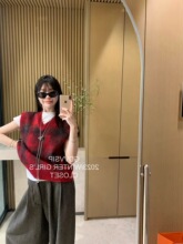 抢先入！24早春新款慵懒风红色格纹马海毛针织衫马甲毛衣背心上衣